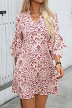 Load image into Gallery viewer, Pink Paisley Print Tiered 3/4 Sleeve Notched Neck Mini Dress