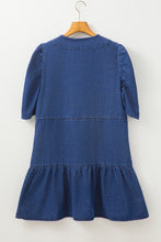Load image into Gallery viewer, Blue Drawstring High Waist Puff Sleeve Denim Mini Dress