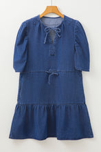Load image into Gallery viewer, Blue Drawstring High Waist Puff Sleeve Denim Mini Dress
