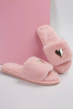 Load image into Gallery viewer, Pink Heart Shape Buckle Decor Open Toe Plush Slippers