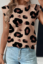 Load image into Gallery viewer, Khaki Leopard Crew Neck Cap Sleeve Casual Tee