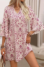 Load image into Gallery viewer, Pink Paisley Print Tiered 3/4 Sleeve Notched Neck Mini Dress