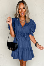 Load image into Gallery viewer, Blue Drawstring High Waist Puff Sleeve Denim Mini Dress
