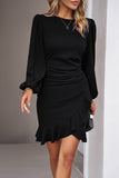 Black Solid Wrapped Ruffled Hem Bubble Sleeve Mini Dress