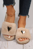 Pink Heart Shape Buckle Decor Open Toe Plush Slippers
