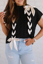 Load image into Gallery viewer, Black Cable Knit Colorblock Satin Bowknot Short Sleeve Sweater
