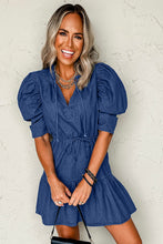 Load image into Gallery viewer, Blue Drawstring High Waist Puff Sleeve Denim Mini Dress
