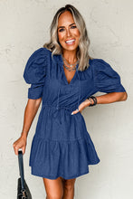 Load image into Gallery viewer, Blue Drawstring High Waist Puff Sleeve Denim Mini Dress

