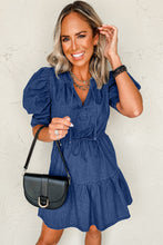 Load image into Gallery viewer, Blue Drawstring High Waist Puff Sleeve Denim Mini Dress
