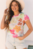 Multicolor Floral Mesh Lettuce Trim Cropped T Shirt