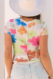 Multicolor Floral Mesh Lettuce Trim Cropped T Shirt