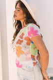 Multicolor Floral Mesh Lettuce Trim Cropped T Shirt