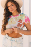 Multicolor Floral Mesh Lettuce Trim Cropped T Shirt