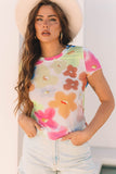 Multicolor Floral Mesh Lettuce Trim Cropped T Shirt