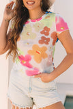 Multicolor Floral Mesh Lettuce Trim Cropped T Shirt