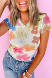 Multicolor Floral Mesh Lettuce Trim Cropped T Shirt