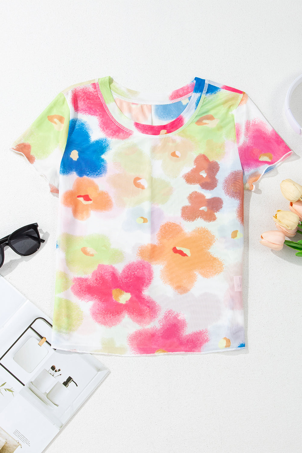 Multicolor Floral Mesh Lettuce Trim Cropped T Shirt