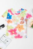 Multicolor Floral Mesh Lettuce Trim Cropped T Shirt