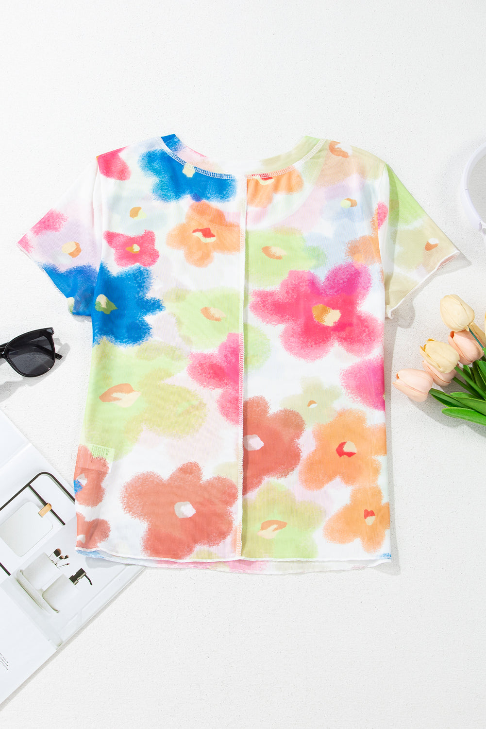 Multicolor Floral Mesh Lettuce Trim Cropped T Shirt