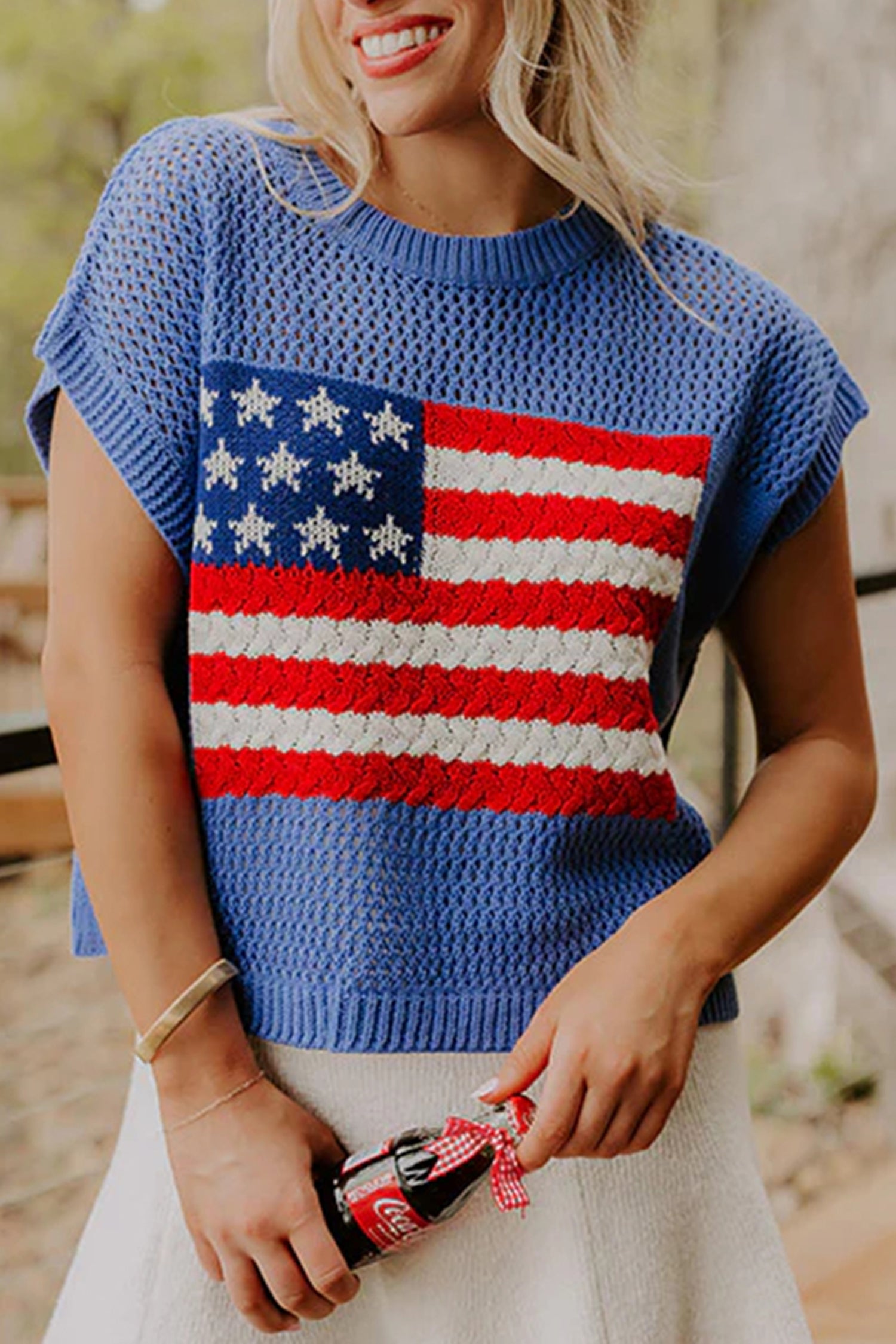 Sky Blue Flag Graphic Short Sleeve Sweater