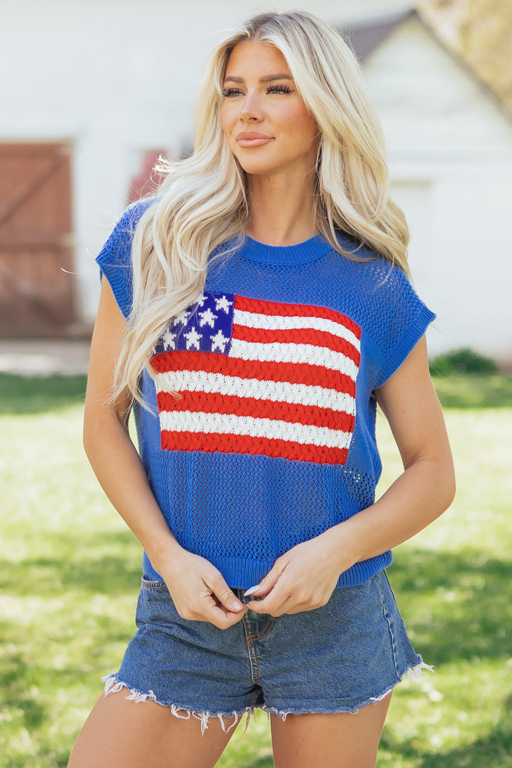 Sky Blue Flag Graphic Short Sleeve Sweater