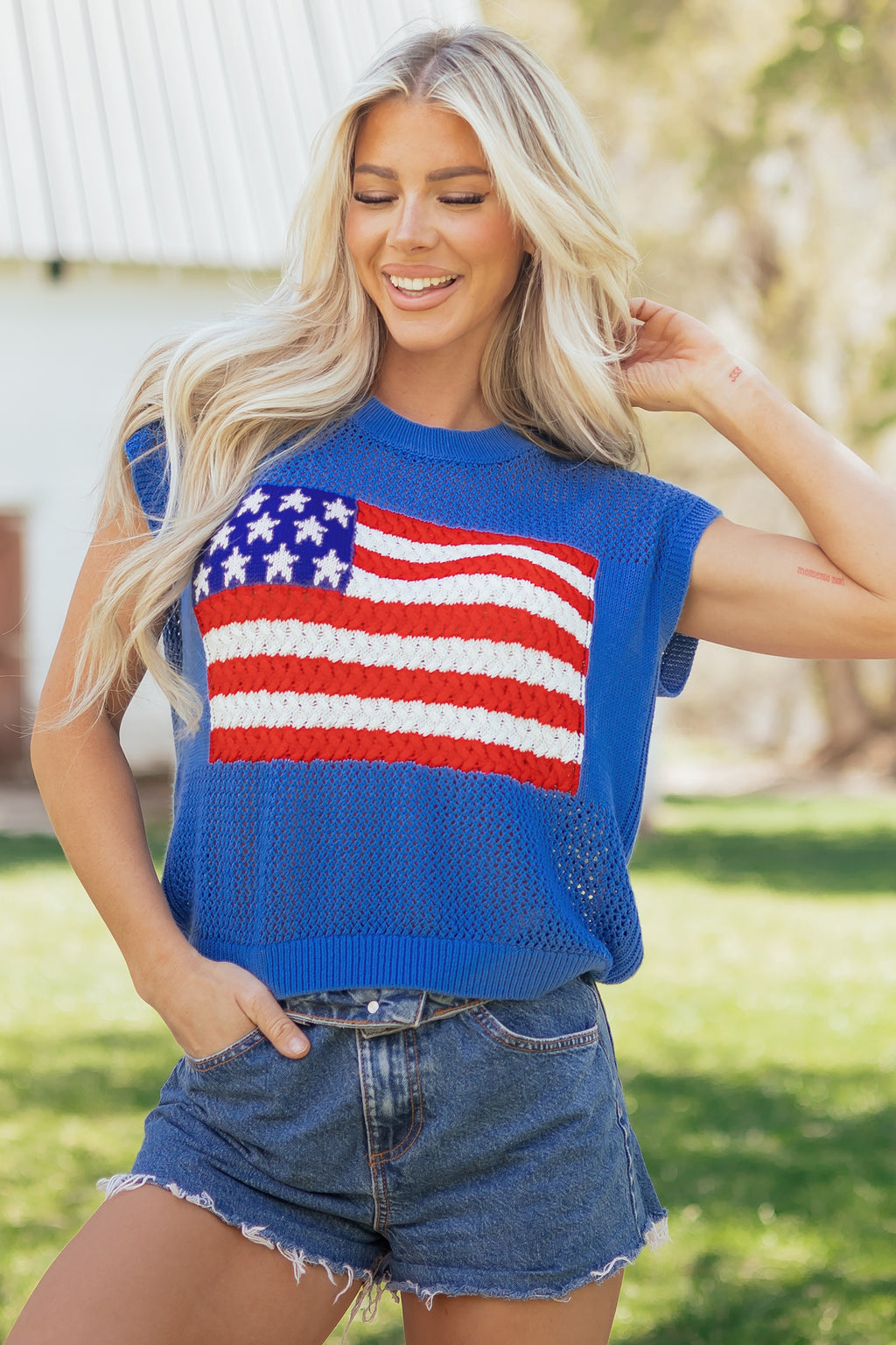Sky Blue Flag Graphic Short Sleeve Sweater