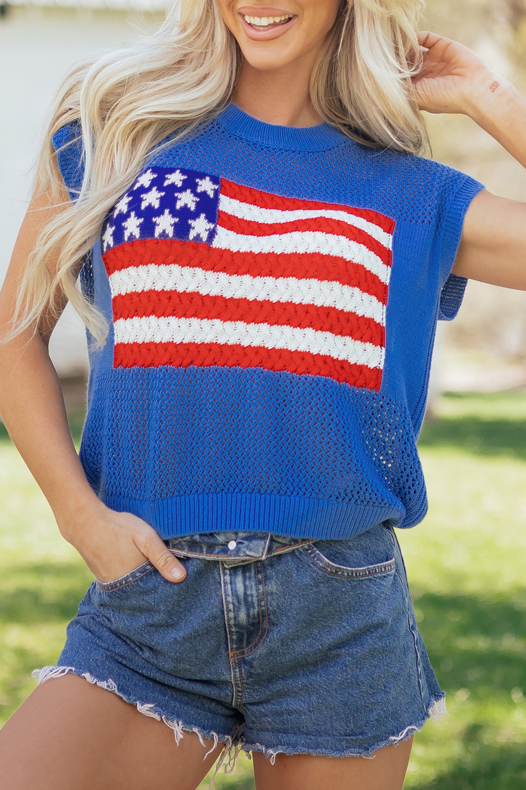 Sky Blue Flag Graphic Short Sleeve Sweater