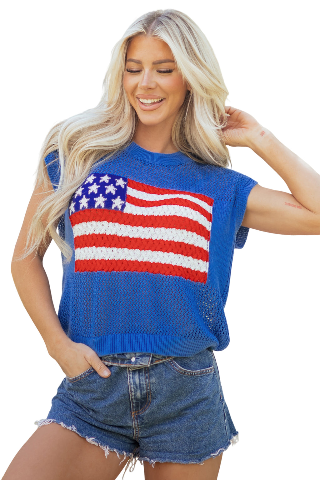 Sky Blue Flag Graphic Short Sleeve Sweater