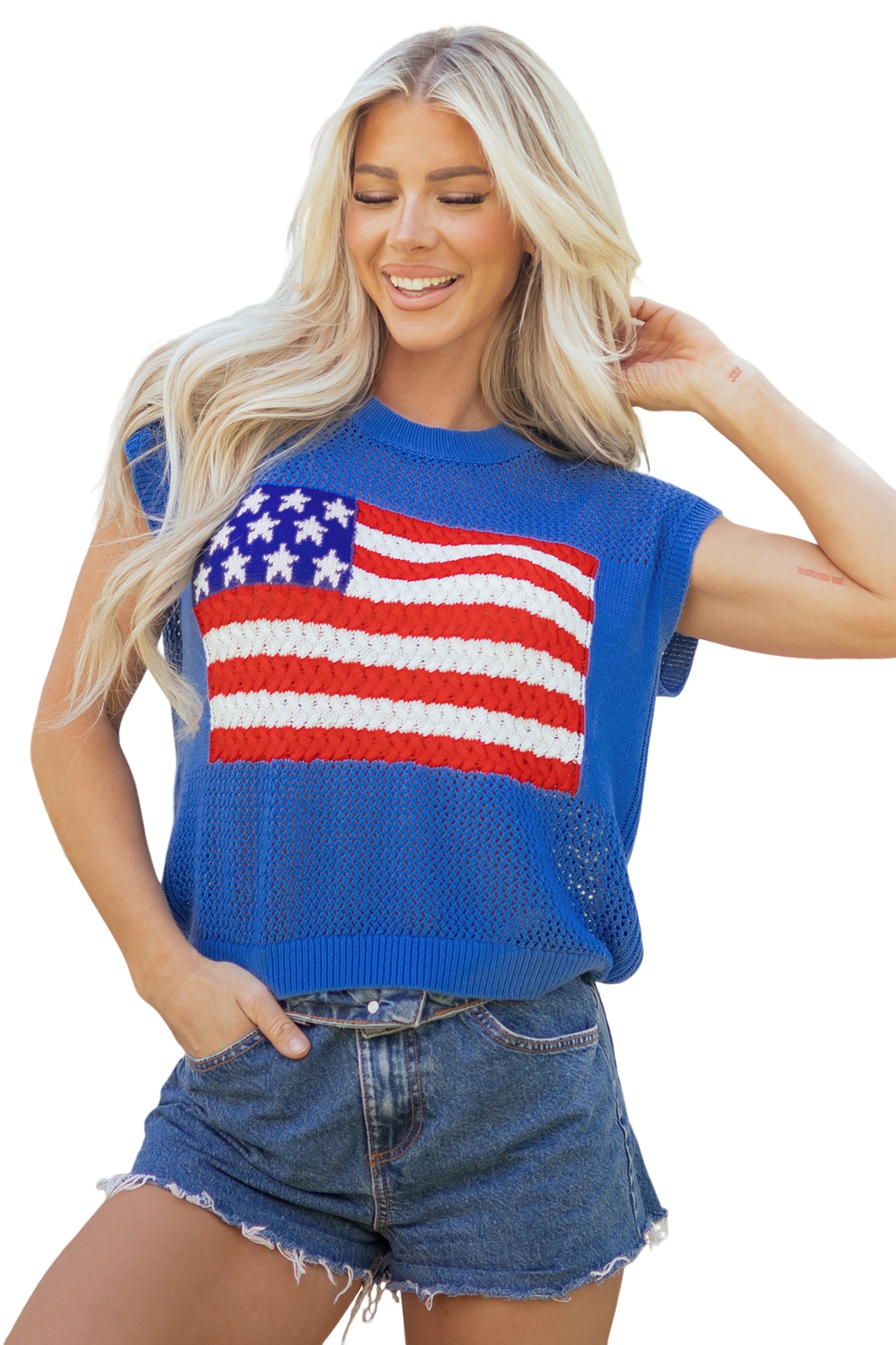 Sky Blue Flag Graphic Short Sleeve Sweater