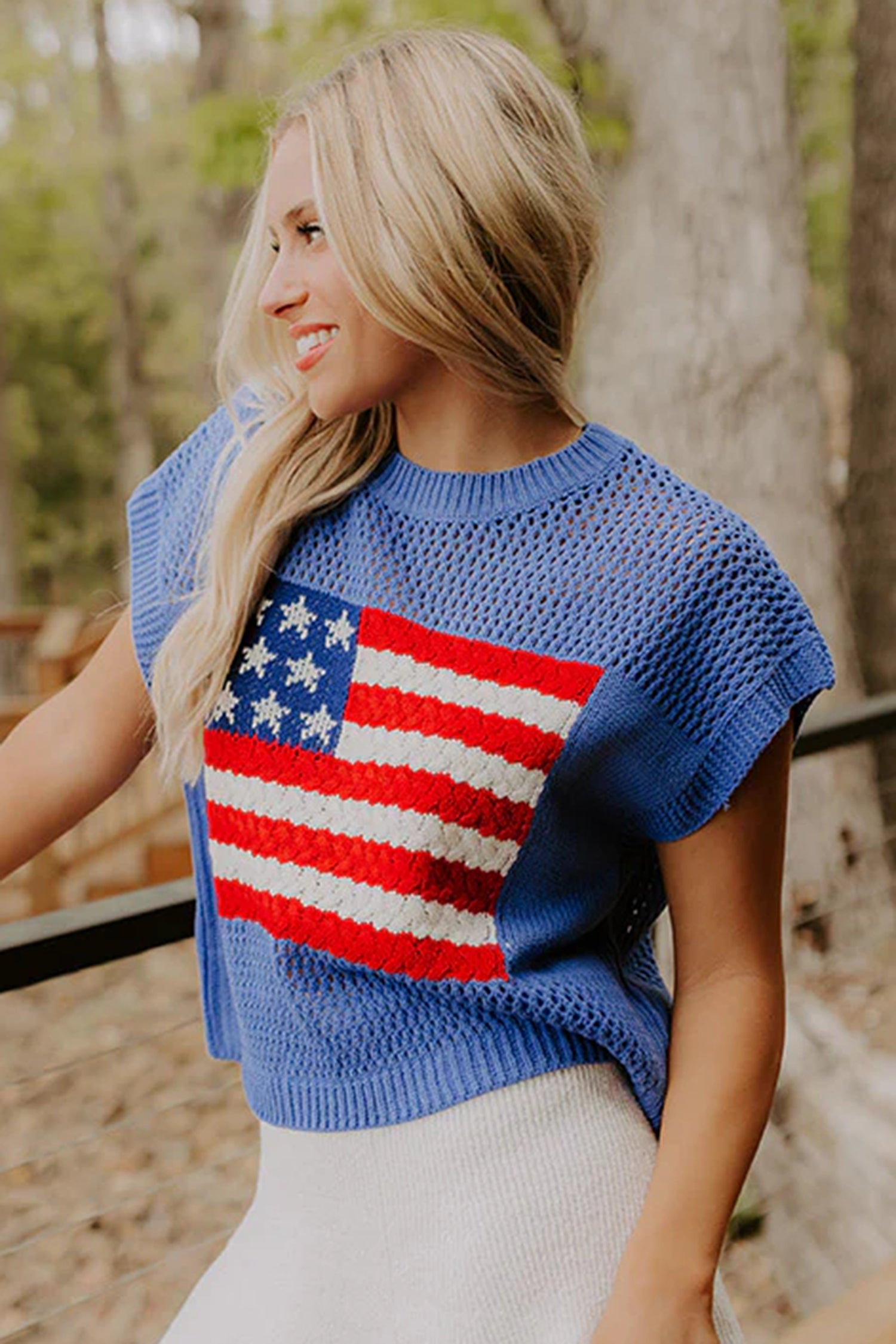 Sky Blue Flag Graphic Short Sleeve Sweater