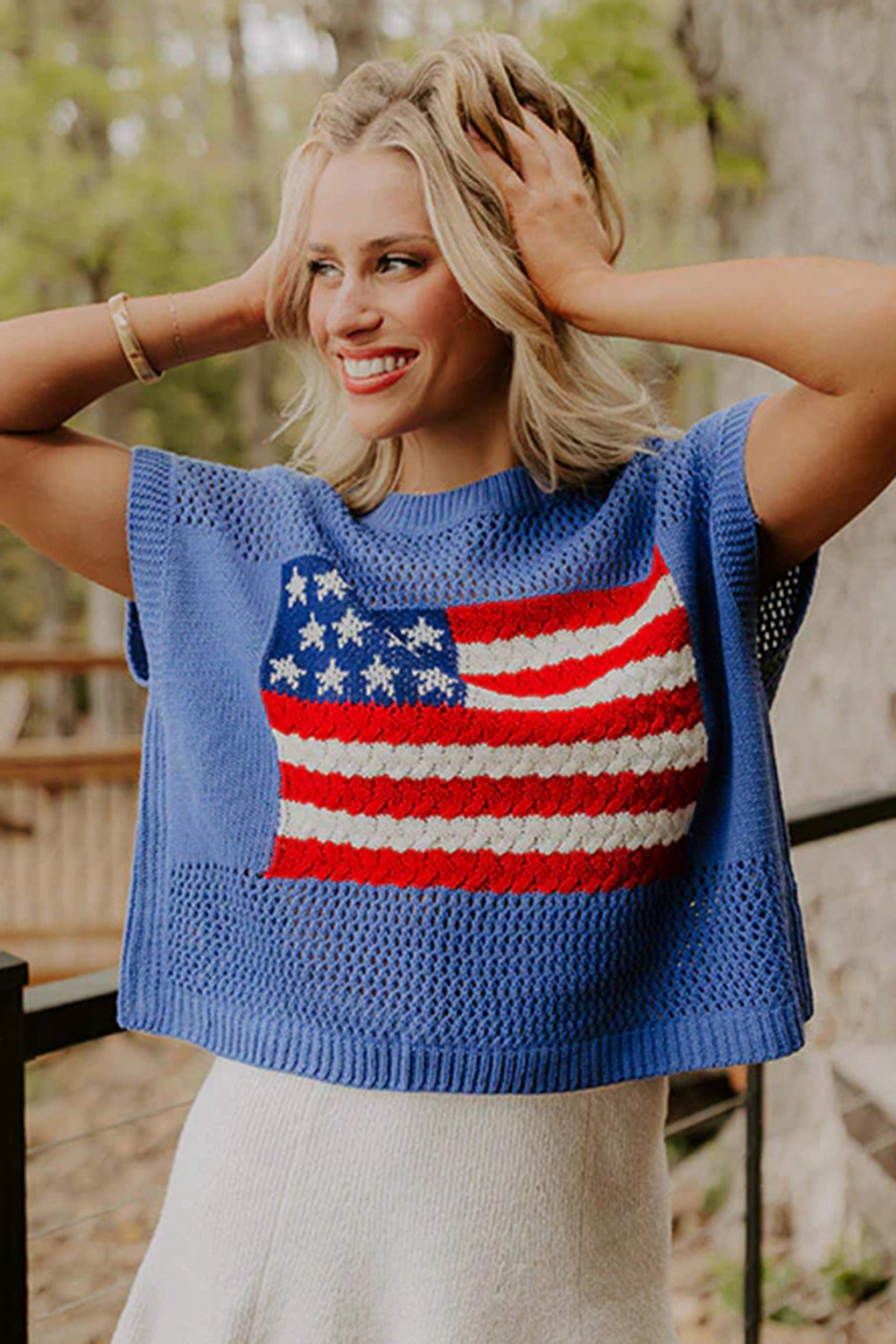 Sky Blue Flag Graphic Short Sleeve Sweater