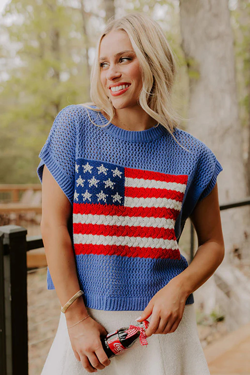 Sky Blue Flag Graphic Short Sleeve Sweater
