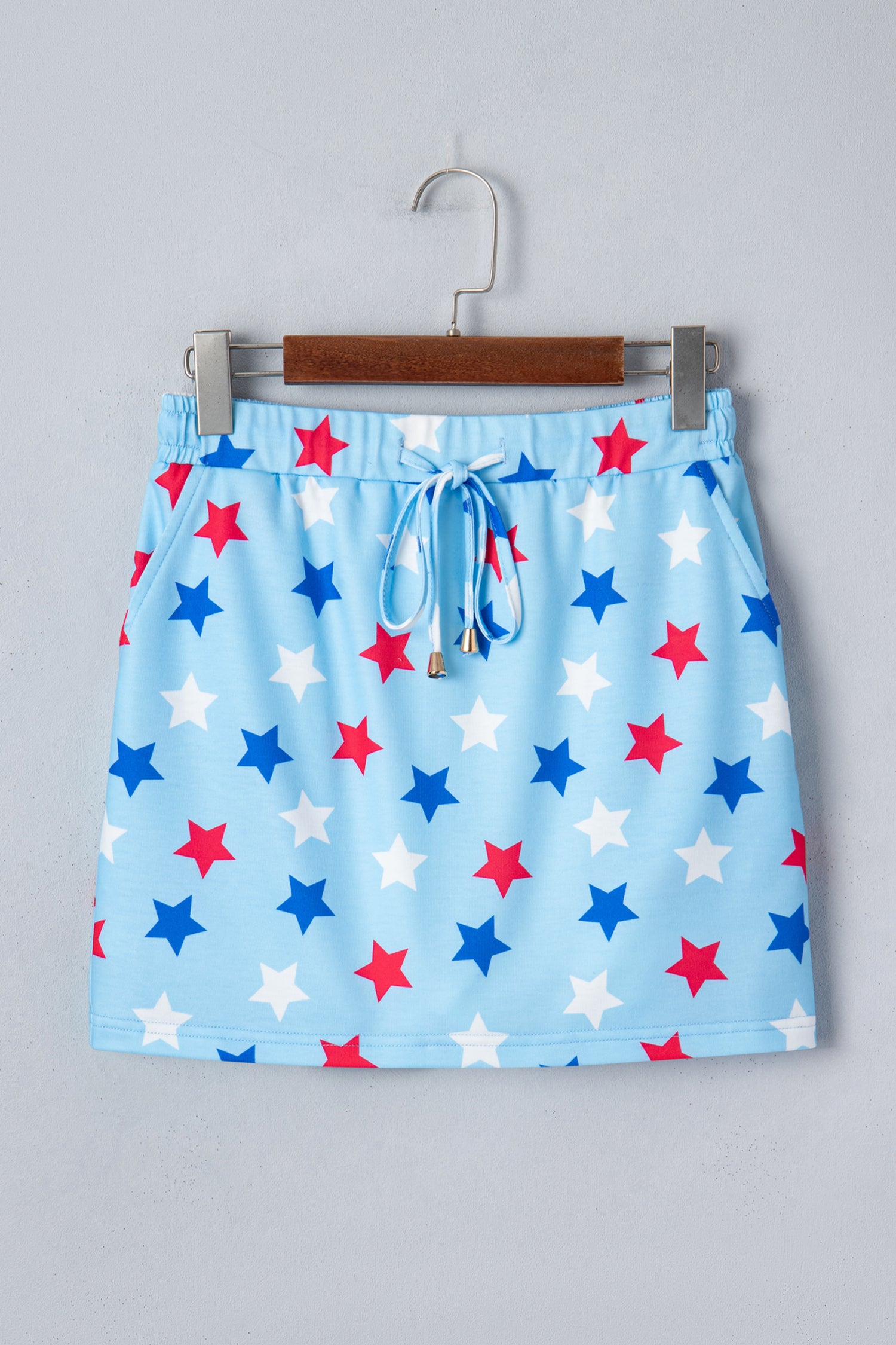 Blue Patriotic Star Printed Beaded Drawstring Mini Skort