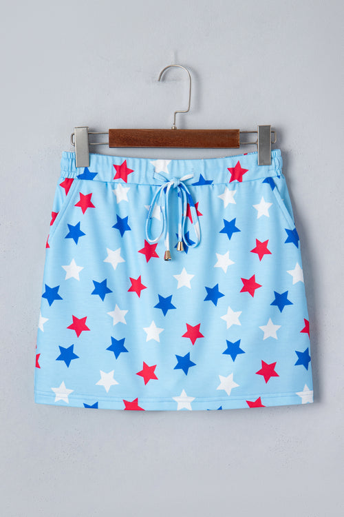 Blue Patriotic Star Printed Beaded Drawstring Mini Skort