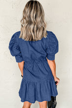 Load image into Gallery viewer, Blue Drawstring High Waist Puff Sleeve Denim Mini Dress
