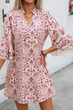 Load image into Gallery viewer, Pink Paisley Print Tiered 3/4 Sleeve Notched Neck Mini Dress
