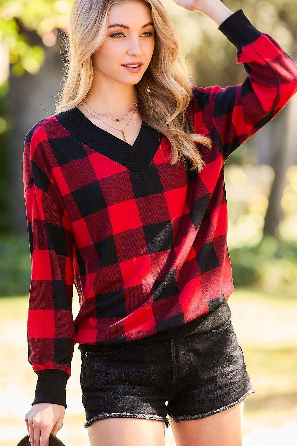 V Neck Long Sleeve Gingham Knit Top