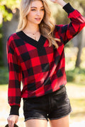 V Neck Long Sleeve Gingham Knit Top