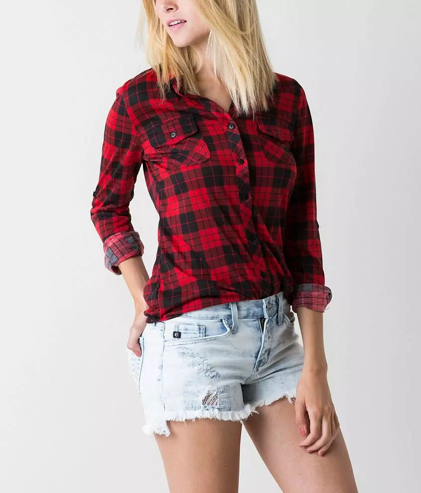 Button Front Plaid Shirt