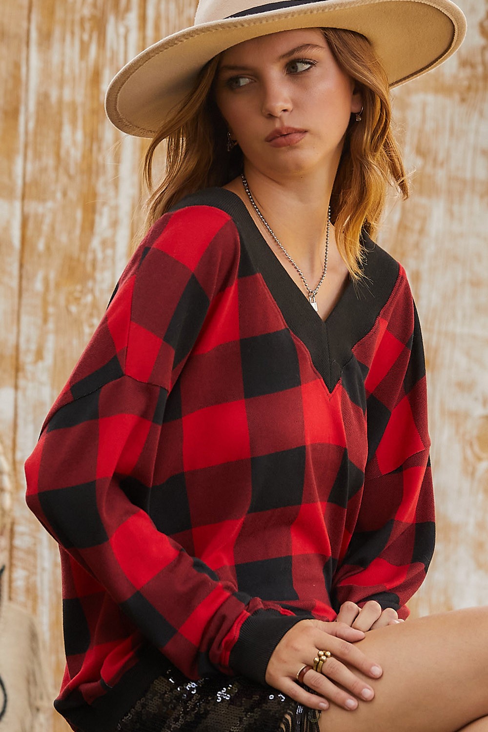 V Neck Long Sleeve Gingham Knit Top