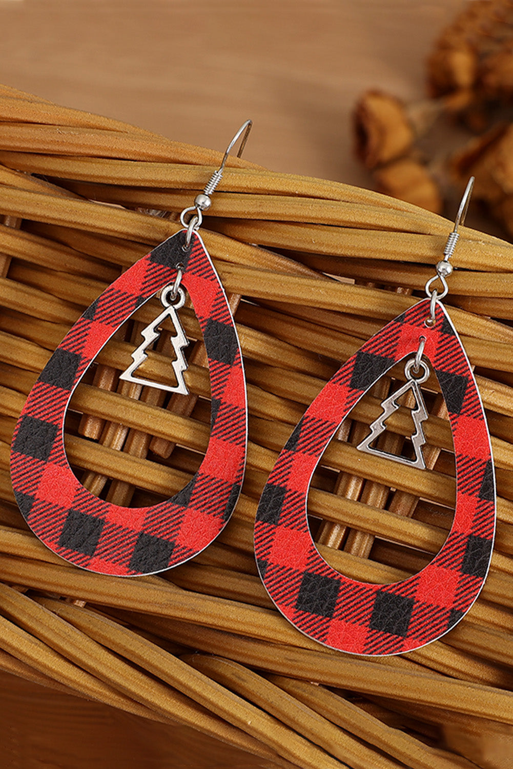 Red Christmas Tree Plaid Teardrop Earrings